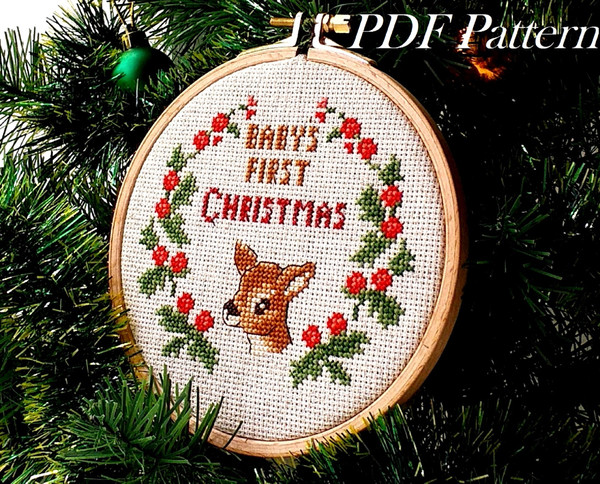 Babys First Christmas Ornament, Funny Cross Stitch Pattern, Beginner Embroidery, Santa Sack Gift, Babys First Christmas Stocking.jpg