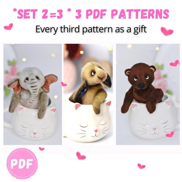 Sewing Pattern set ,Teddy elephant, Teddy bear , Teddy rabbit , Teddy bear sewing pattern ,Stuffed stuffed rabbit