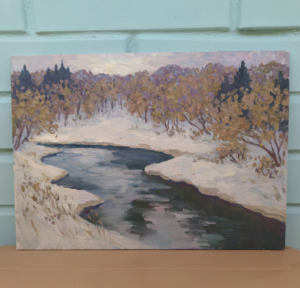 Thaw Painting Original Art River Snow Spring Landscape Picture