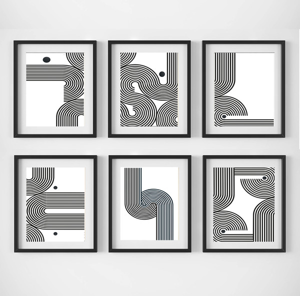 minimalist posters, mid centure art set of 6 prints, in gray tones