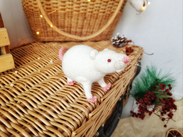 White rat with red eyes toy. Soft toy mouse nature