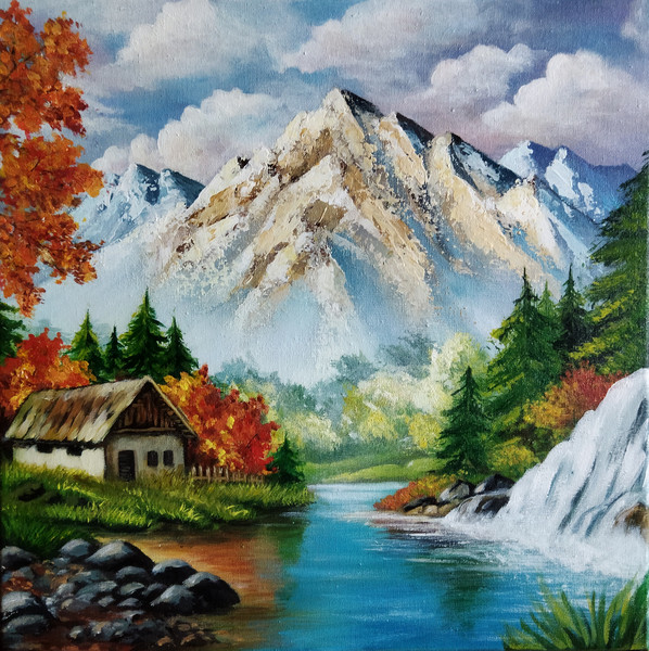 Mountain River Landscape Painting, Canvas Painting, Small Oil Painting