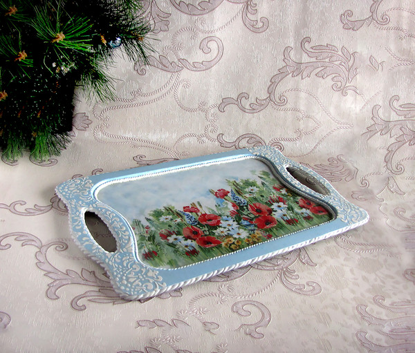 Coffee tray, Small serving tray, Unusual wooden tray, Coffee Cup tray, Rustic tray, Christmas gift, poppies tray (3).JPG