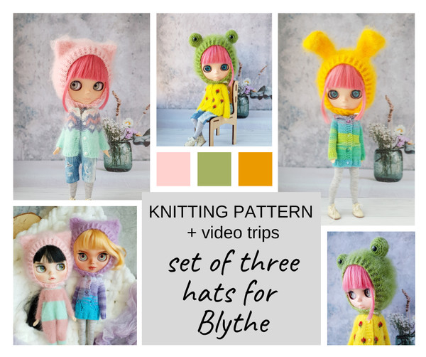 Set of three patterns for knitting hat for Blythe, Blythe hat knit tutorial, Doll hat knitting pattern, Blythe knit helmet