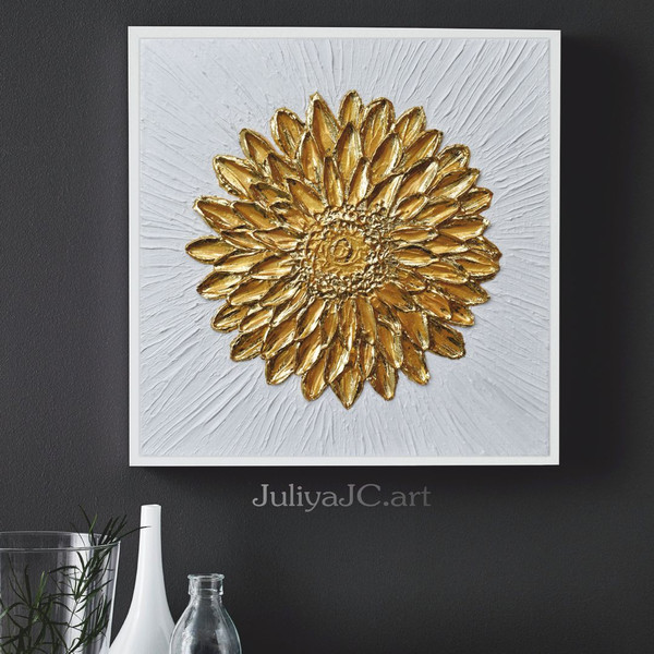 gold-and-white-textured-art-abstract-painting-floral-wall-art-modern-wall-decor-golden-home-decor-daisy-painting