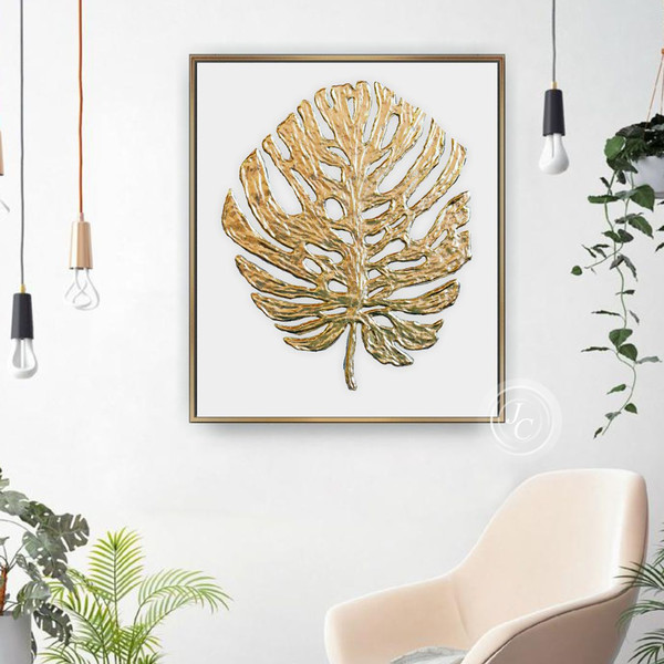 gold-textured-abstract-art-monstera-painting-original-wall-art-modern-wall-decor