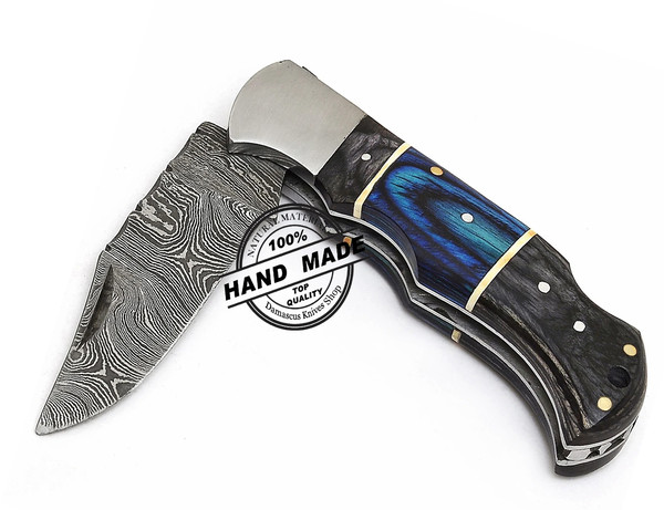 Folding Pocket Knife Hand Forged Damascus With Wood Handle & Back Lock