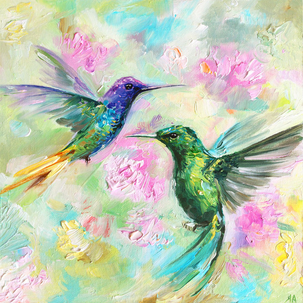 Hummingbird Painting Birds Oil Artwork Hummingbird and Flowe