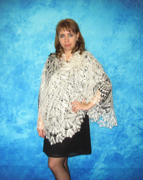 White crochet Russian shawl, Hand knit Orenburg shawl, Wool shoulder wrap, Goat down stole, Warm bridal cape, Openwork cover up, Kerchief, Gift for mom.JPG
