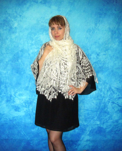 White crochet Russian shawl, Hand knit Orenburg shawl, Wool shoulder wrap, Goat down stole, Warm bridal cape, Openwork cover up, Kerchief, Gift for mother.JPG
