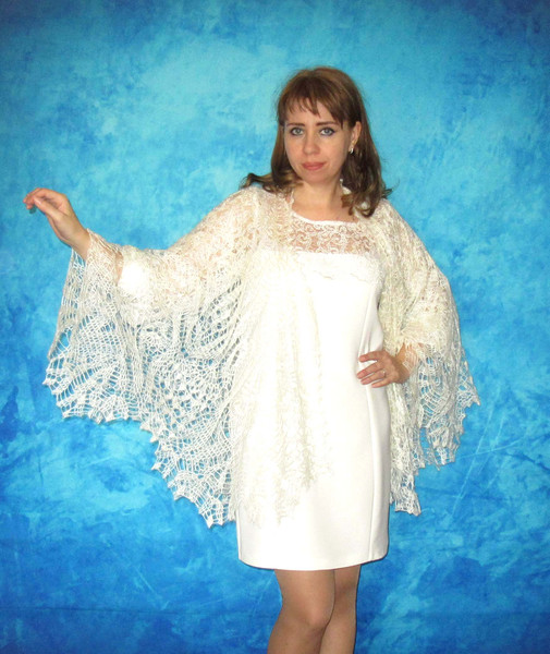 White crochet Russian shawl, Hand knit Orenburg shawl, Wool shoulder wrap, Goat down stole, Warm bridal cape, Openwork cover up, Kerchief, Gift for her.JPG