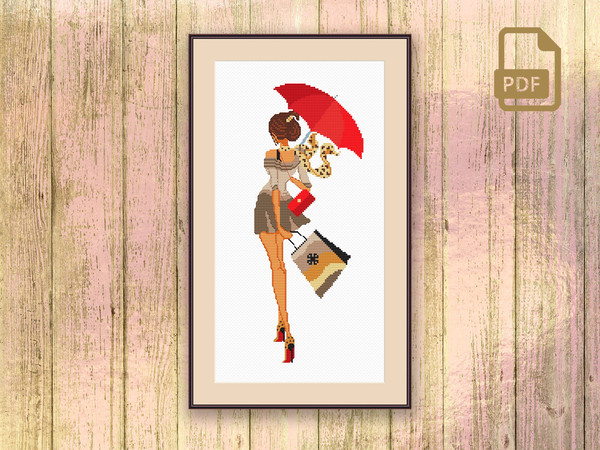 Girl With Umbrella Cross Stitch Pattern, Girl Cross Stitch Pattern, Shopping Cross Stitch Pattern, Modern Home Decor #oth_023