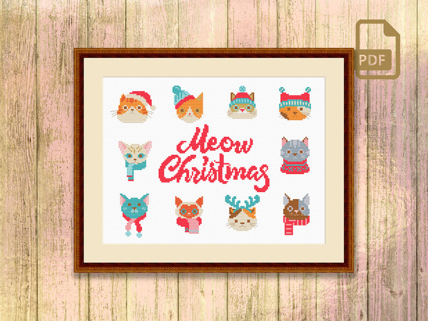 Meow Merry Christmas Cross Stitch Pattern, Meow Christmas Cross Stitch, Merry Christmas Pattern, Christmas Cats Cross Stitch Pattern #mch_020