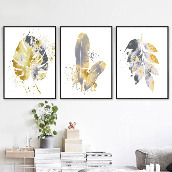 set of 3 prints tropical leaves in gray and yellow tones download