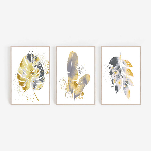 set of 3 prints tropical leaves in gray and yellow tones download