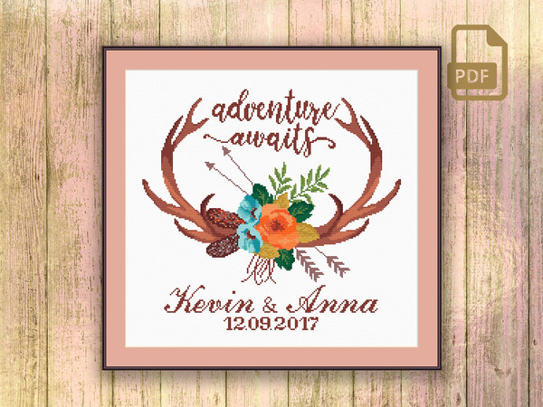 Adventure Awaits Wedding Cross Stitch Pattern, Personalized Wedding Gift Cross Stitch Pattern, Modern Home Decor #wd_008