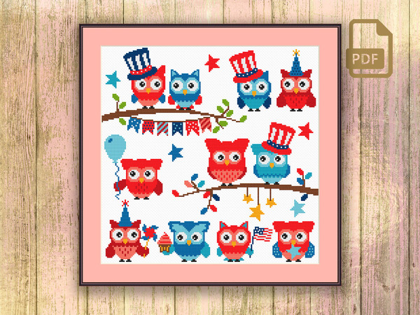 Fourth of July Owl Cross Stitch Pattern, Holiday Owls Cross Stitch Pattern, Happy 4th of July Owls Pattern, Holiday Decoration #owl_012