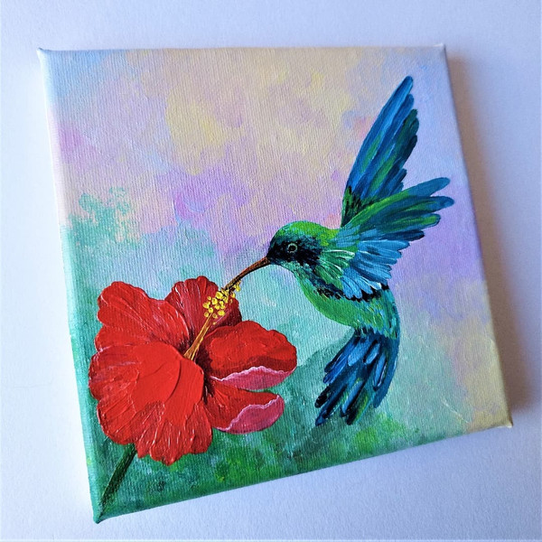 Blue bird wall art, Hummingbird canvas painting, Little bird