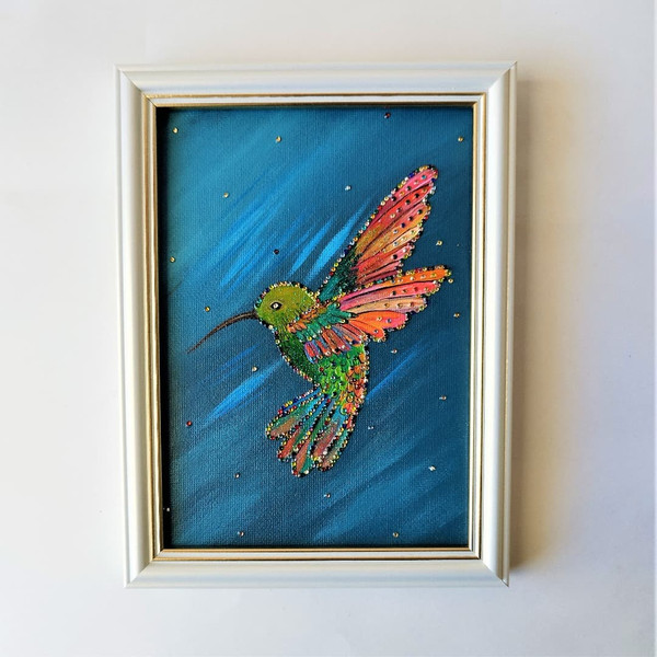 Diamond painting on canvas, Hummingbird canvas painting, Lit