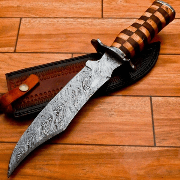 Handmade Damascus Hunting Bowie Knife Wood Handle & Leather - Inspire Uplift