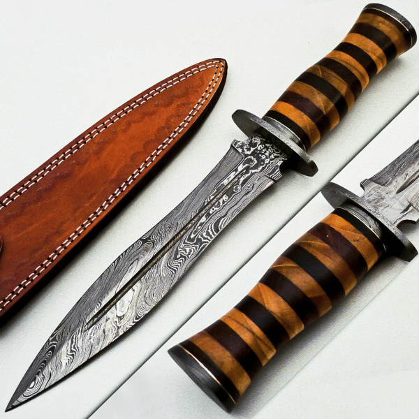 Handmade Damascus Hunting Bowie Knife Wood Handle & Leather - Inspire Uplift