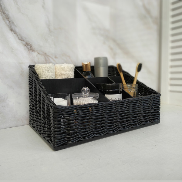 Gray bathroom storage basket. Wicker organizer with dividers - Inspire  Uplift