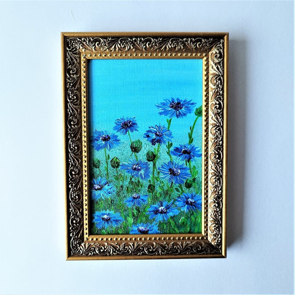 Flower-painting-on-canvas-wildflowers-cornflowers-framed-art-landscape