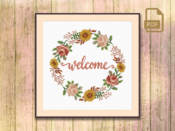 Welcome Cross Stitch Pattern, Home Sweet Home Pattern, Floral Wreath Cross Stitch Pattern, Welcome Pattern, Modern Home Decor #qt_060