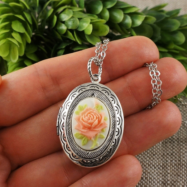 Pink Rose Flower Cameo Locket Necklace Vintage Floral Rose C