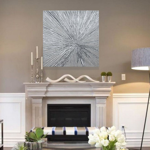 Fireplace-wall-decor-silver-abstract-painting-rays-textured-wall-art-modern-living-room-decor