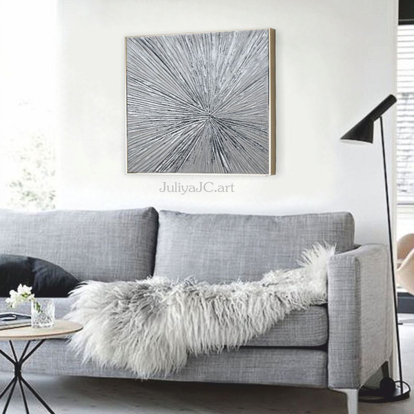 Silver-textured-Abstract-painting-rays-original-art-living-room-decor-above-couch-art