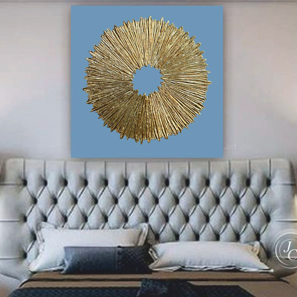 blue-and-gold-bedroom-decor-abstract-painting-original-art-above-bed-wall-decor