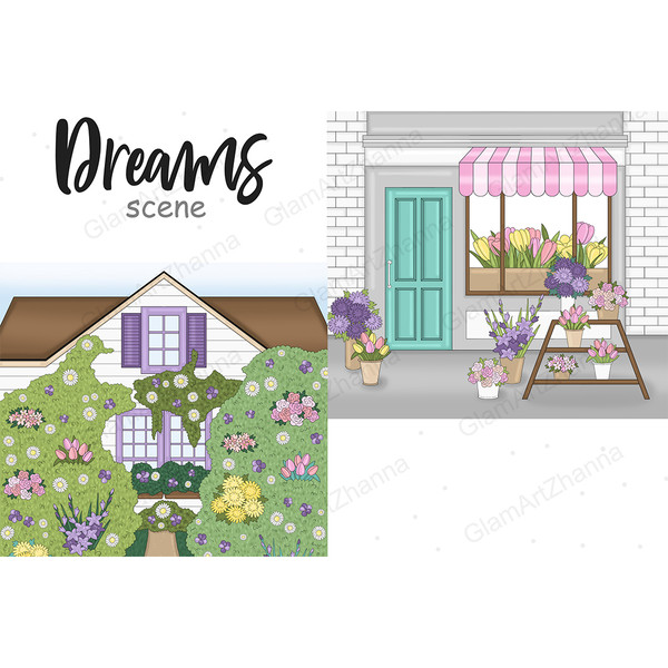 A set of clipart for creating scenes for planners. Spring garden with daisies, tulips, lilies and other summer flowers against the backdrop of a two-story house