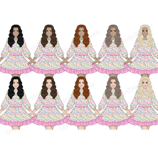 Clipart set of long-haired girls in bright summer dresses with colorful dots print and purple belt. Various shades of skin and hair colors