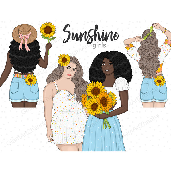 A curvy white-skinned girl in a white summer sundress with a sunflower in her hair. An African-American brunette girl in a white top and a blue skirt with a whi