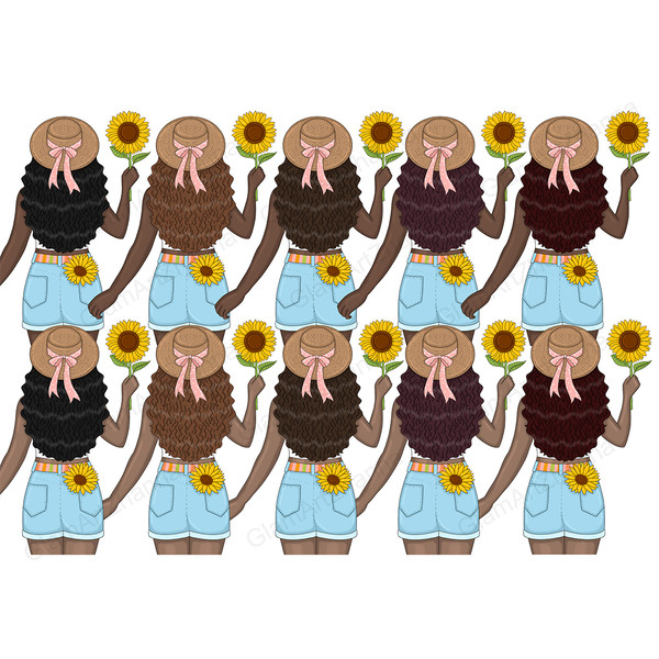 African American girls in a wicker beige hat tied with a pink ribbon and in summer blue denim shorts with a sunflower in their back pocket hold a sunflower flow