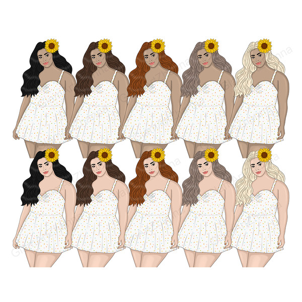 Body positive white-skinned girl in a white summer sundress in an orange dot with a sunflower in her hair. Various shades of skin and hair colors.