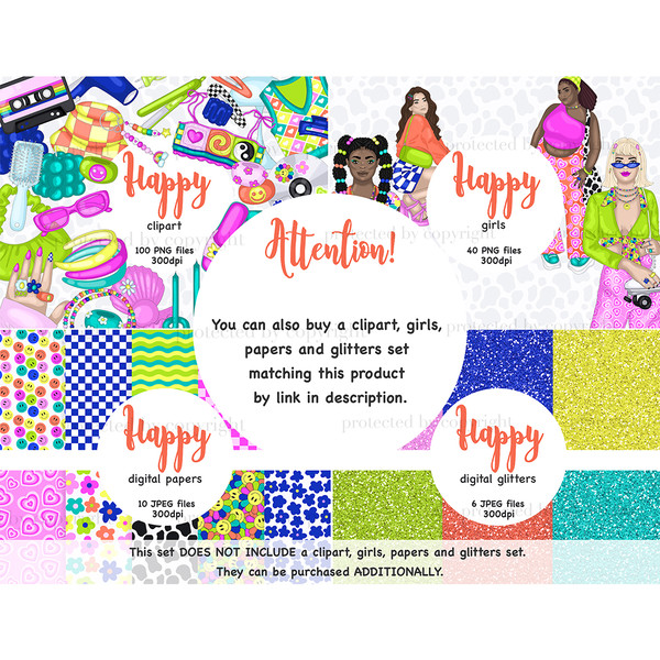 Set of bright Groovy retro nostalgia clipart elements with girls from the 70s, 80s, 90s. A set of acid hippie digital seamless papers for crafting. Vibrant purp