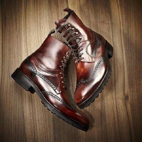 Mens Handmade Brown Wingtip Brogue Ankle High Leather Boots, Men Lace Up  Shoes