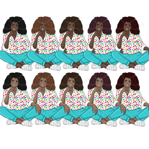 African American crafter girls in white shirts printed with multi-colored circles and spots, aquamarine trousers and gray sneakers with white soles sit cross-le