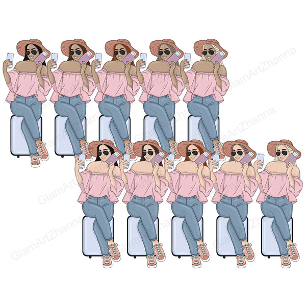 A set of clipart girls who are going to travel by plane. Girls in sunglasses and pink sweaters and blue jeans and wicker hats and beige sneakers are sitting on 