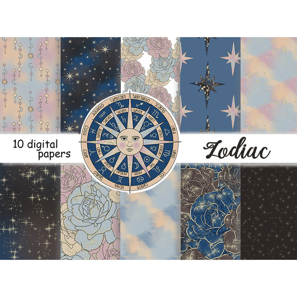 Zodiac bundles of digital papers. Golden stars on the cosmic sky patterns. Celestial seamless patterns. Night sky digital backgrounds. Constellations Map patter