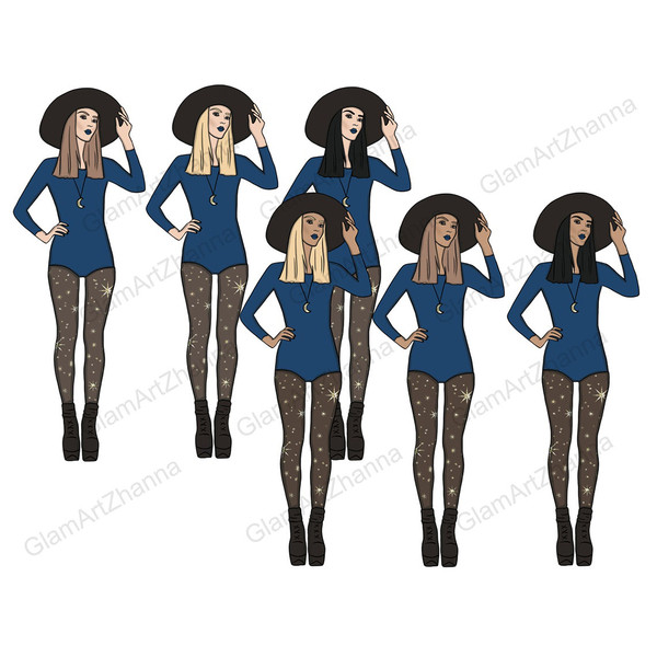 Zodiac girls. Celestial girls. Girls with crescent moon pendants around their necks in a black hat, blue bodysuit, black transparent tights with gold stars prin