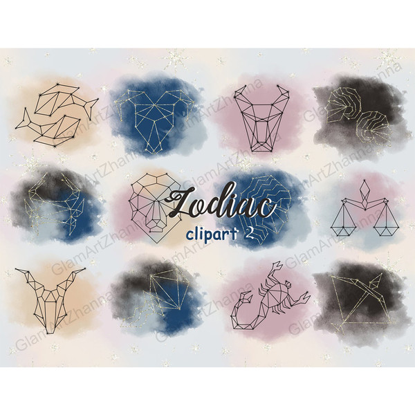 Zodiac Cliparts. Sketches of the signs of the zodiac on watercolor beige, purple, dark blue and black nebula sky spots. Aries, Taurus, Gemini, Cancer, Leo, Virg