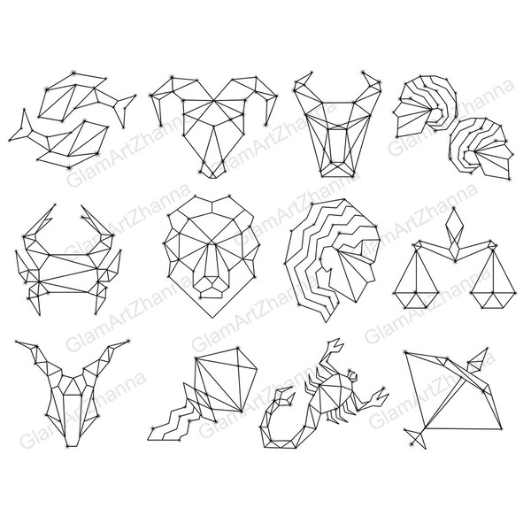 Zodiac Cliparts. Sketches of zodiac signs on a white background. Aries, Taurus, Gemini, Cancer, Leo, Virgo, Libra, Scorpio, Sagittarius, Capricorn, Aquarius, Pi