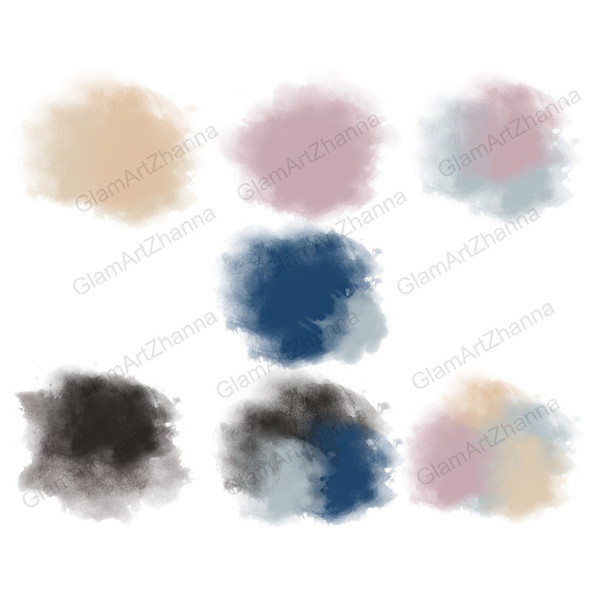 Zodiac Cliparts. Watercolor beige, purple, navy blue and black nebula sky spots.