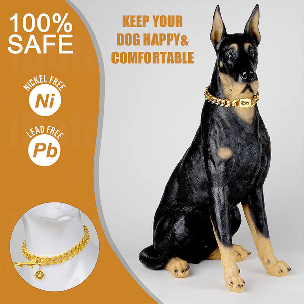 Gold Dog Chain Collars with Cubic Zirconia Locking Secure Buckle 10MM 18K  Metal Stainles Steel Miami Cuban Link Chain Walking Chew Proof Chain Collar