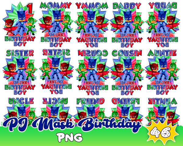 Pj Mask Birthday Digital File PNG Design Transparent Background Family Matching Sublimation Party Birthday T-shirt Characters.jpg