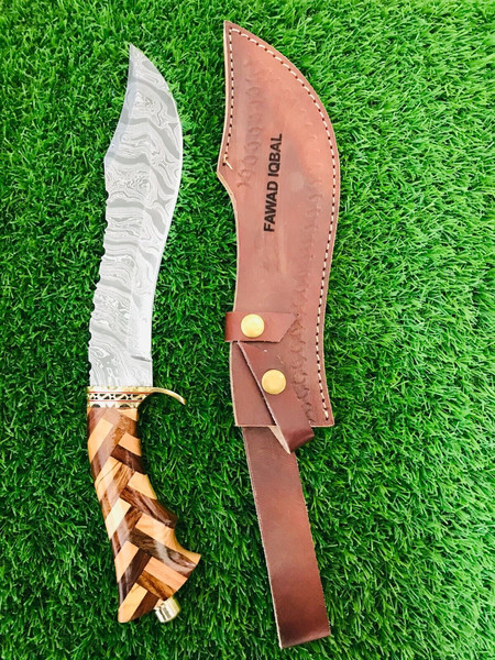 Handmade Damascus Hunting Bowie Knife Wood Handle & Leather - Inspire Uplift