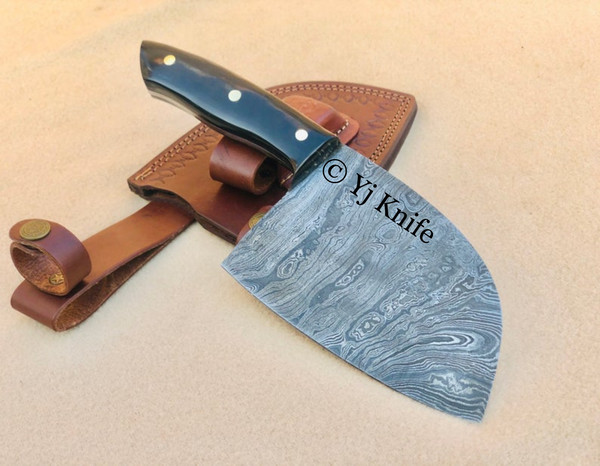 10 Damascus Chef Meat Cleaver with Dark Wood Handle & Leather Sheath